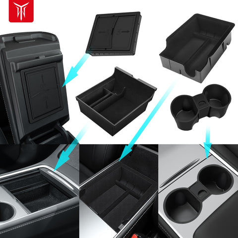 YZ For Tesla Model 3 Medel Y Storage Box Center Armrest Hidden Box Cup Holder Organizer 2022 2021 Car Accessories